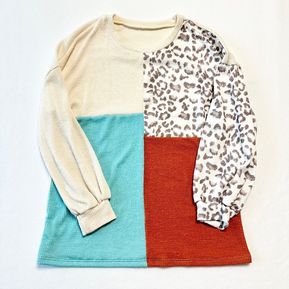Women’s Leopard Print Color Block Sweater Casual Fall Winter Pullover Size Large